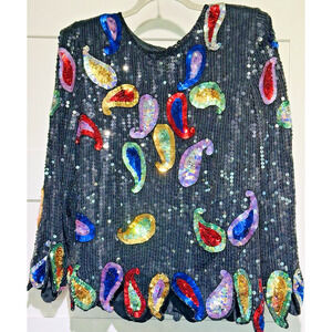 Vintage Sweet Lo 80's 100% Silk Sequin Embellished Elegant Party Top Lined Sz XL